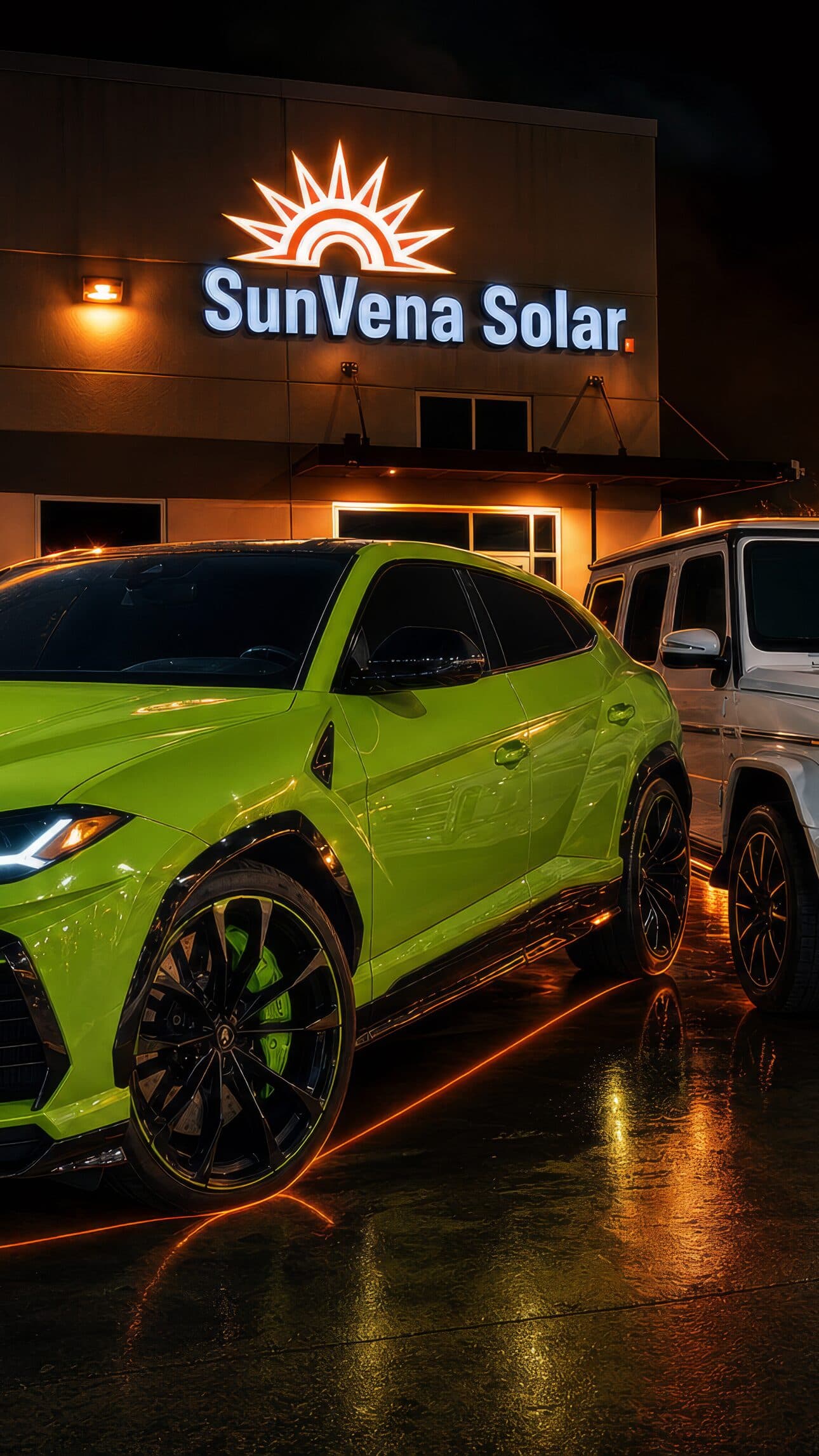 Lamborghini Urus and Mercedes G-Wagon outside SunVena Solar at night